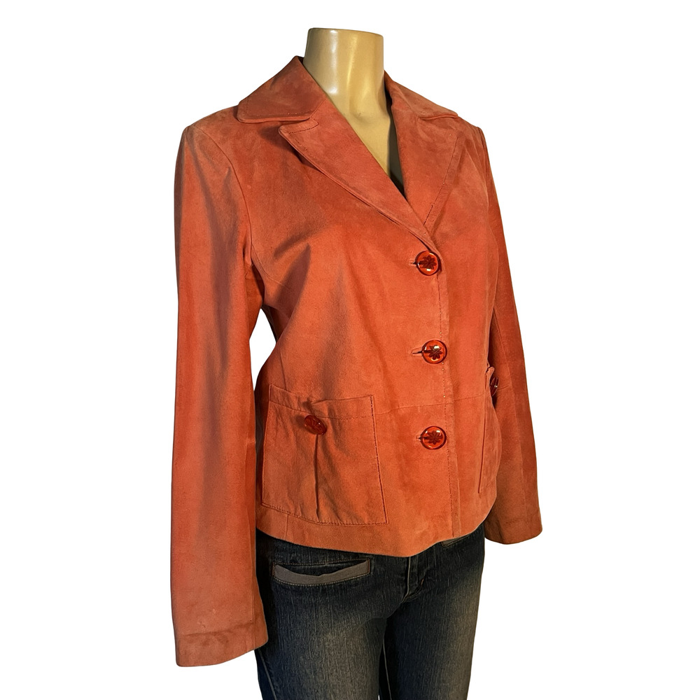 Bernardo Leather Jacket Womens Medium‎ Suede Orange Blazer Button Pockets